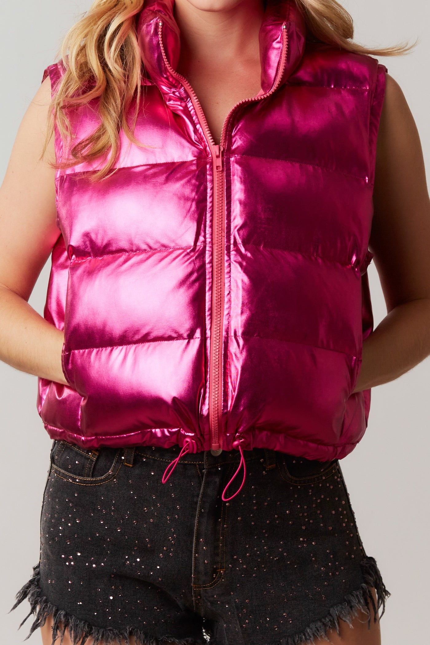 Tell It All Metallic Puffer Vest Pink