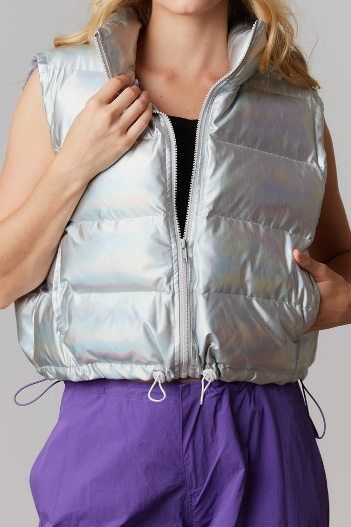 Metallic silver puffer vest best sale